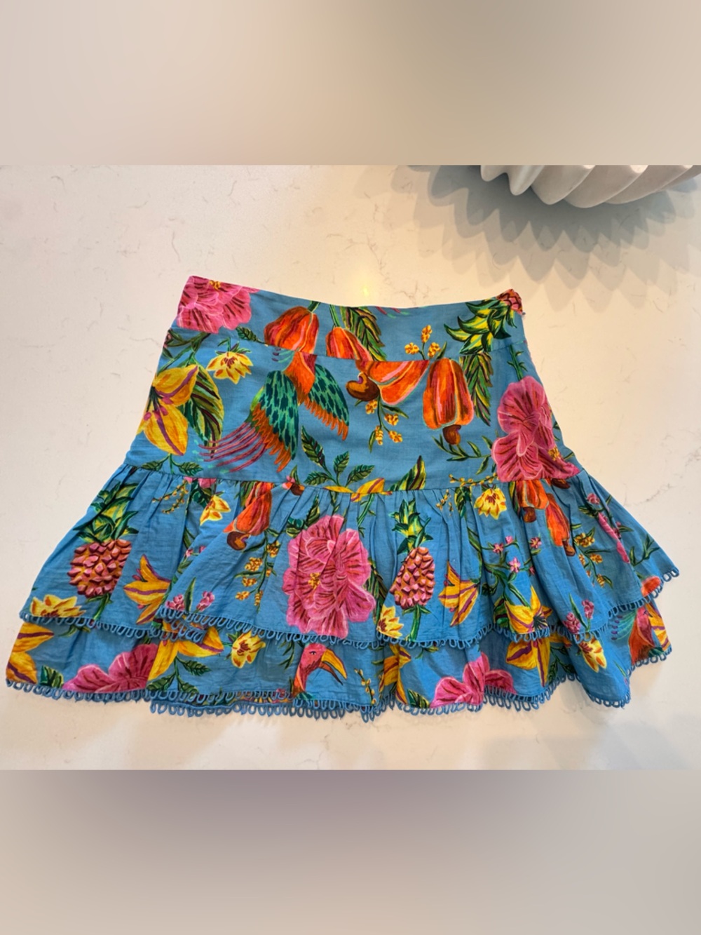 FARM Rio Blue Tropical Floral skirt with Pink & Yellow Accents